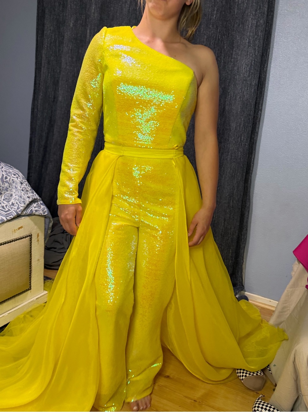 Yellow One-Shoulder Ashley Lauren Jumpsuit with overskirt